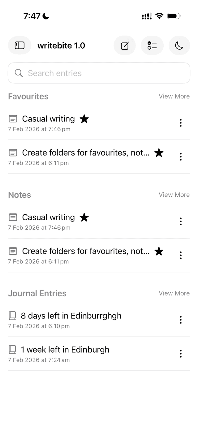 writebite sidebar view showing notes, journal entries, and favourites